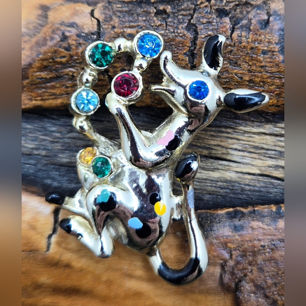 🐗 Juggling Jackal Hyena Brooch Goldtone with Multi Colored Rhinestones & Enamel
